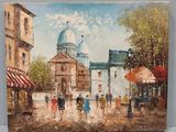 painting of a city street scene with people walking on the sidewalk