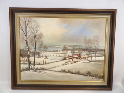 un tableau représentant un paysage enneigé avec une ferme au loin