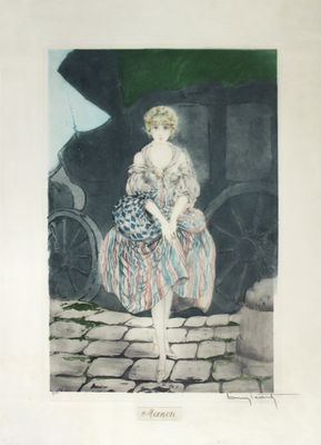 tableau représentant une femme en robe rayée debout devant une calèche