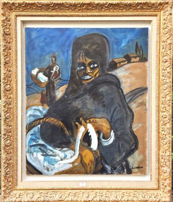 tableau représentant un homme avec un chien et un homme portant une cagoule noire