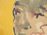 a picture of a painting of a woman on a yellow background