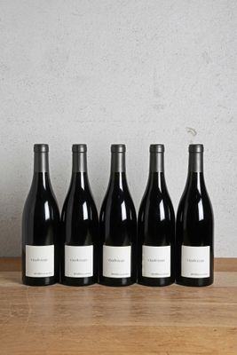 six bouteilles de vin rouge alignées sur une table en bois