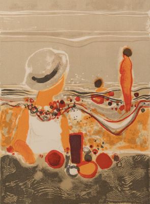 an image of a painting of a person sitting on a beach