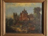 an old painting of a castle in a wooded setting
