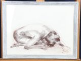painting of a dog laying down on the floor in front of a easel