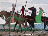 a painting of a group of people riding on horses