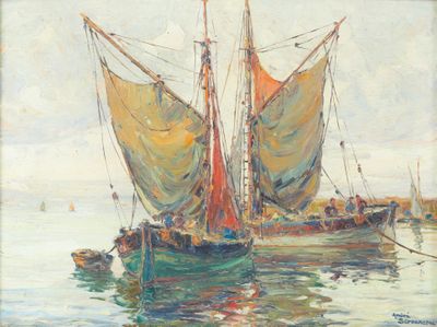 une peinture représentant un bateau dans l'eau avec d'autres bateaux dans l'eau