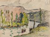 tableau représentant un bateau sur une rivière, avec des arbres et des montagnes en arrière-plan