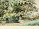 a picture of a painting of a tree in a field