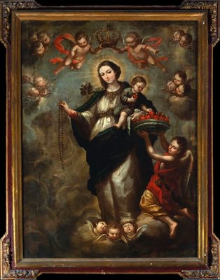 a painting of a woman holding a rosary with angels around her