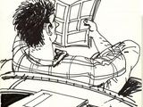 drawing of a man reading a book on a bed with a pile of books