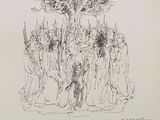 a drawing of a group of people standing around a tree