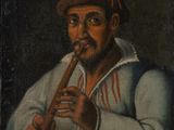 an old painting of a man with a flute in his hand