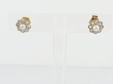 une paire de boucles d'oreilles en perles et en or, posées sur un présentoir transparent
