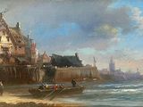 une peinture représentant un bateau sur l'eau, près d'un bâtiment