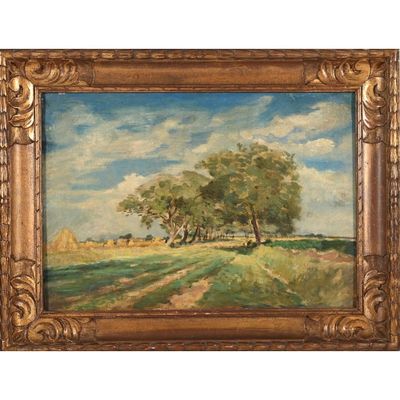 une peinture à l'huile représentant un paysage avec des arbres et un chemin de terre