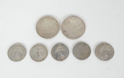six different coins are arranged in a row on a white surface