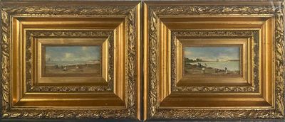 deux tableaux encadrés représentant un paysage avec un château au loin