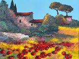 un tableau représentant un champ de coquelicots rouges devant une maison