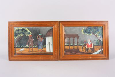 paire de peintures sur miroirs, représentant des scènes indi… - Photo 1