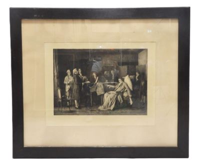 an old picture of a group of people sitting around a table