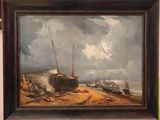 a picture of a painting of a boat on the beach