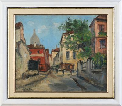une peinture à l'huile représentant une scène de rue avec des bâtiments et une calèche