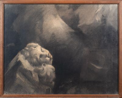 an image of a painting of a lion and a bird in a dark sky