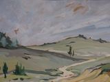 a painting of a dirt road in the middle of a field