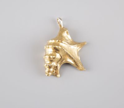 a close up of a gold starfish pendant on a white background