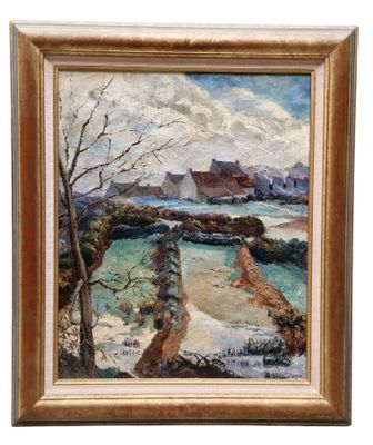 un tableau représentant un paysage avec une maison et une rivière