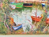 a painting of boats on the water in a harbor