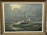 an oil painting of a sailboat in the ocean with a full moon in the background