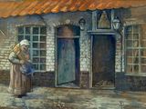 painting of a woman standing in front of a building with a red roof