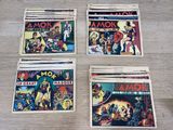 four comics are sitting on a table in front of a wooden table