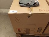 a box with a tie on top of it on a pallet