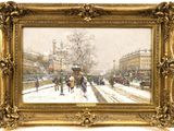 une image représentant un tableau où l'on voit des personnes marchant dans une rue enneigée