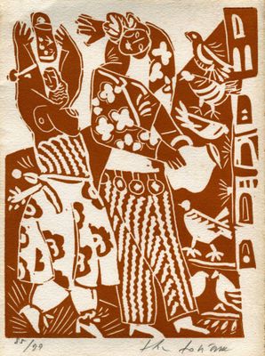 a brown and white drawing of a group of people