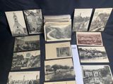 several old black and white photographs of a church and other buildings