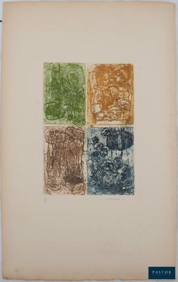 un vieux livre sur lequel figurent quatre timbres de couleurs différentes
