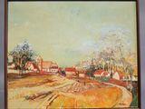 an oil painting of a farm scene with a plow in the foreground and houses in the background
