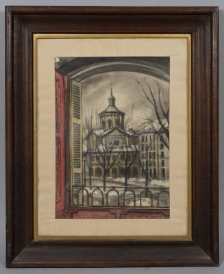 l'image d'une peinture représentant un bâtiment avec une tour d'horloge en arrière-plan
