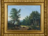 an image of a painting of a man and a dog on a dirt road