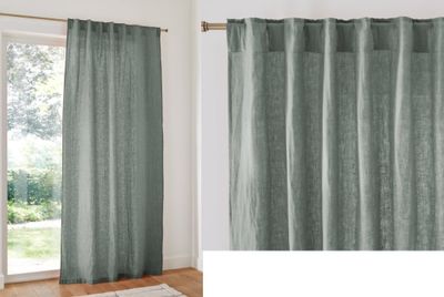 two pictures of a window with curtains and a rug in front of it