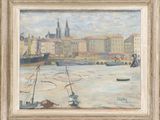 an oil painting of boats in a harbor with buildings in the background