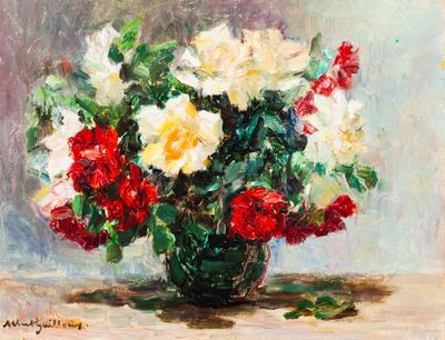 une peinture de fleurs dans un vase sur une table