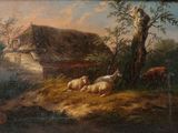 a painting of sheep in a field near a house