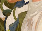 an oil painting of a woman in a white dress holding a flower