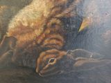 a painting of a rabbit laying down on the ground