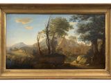 an oil painting of a mountain scene with a man and a dog in the foreground